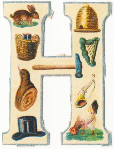 H: zając, ul, kosz żniwny, harfa, młotek, szynka, róg, kapelusz, kura (kolor lito) autorstwa Unknown artist