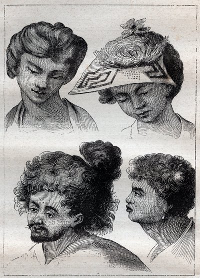 Fryzury mieszkańców Taiti (Tahiti) - ilustracja zaczerpnięta z „Wielkich Marynarzy XVIII wieku”” autorstwa Unknown artist