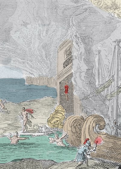Powieszony Iphis odparty przez Anaxarete. Fragment ilustracji zaczerpniętej z księgi XIV „Metamorfozy” (Metamorfosi) Ovide
