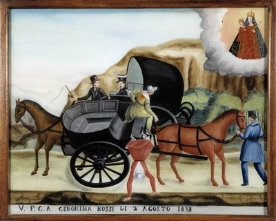 Wiszący między dwiema carrioles i upadkiem pasażera - Obraz na szkle, ex-voto Notre Dame de Laghet autorstwa Unknown artist