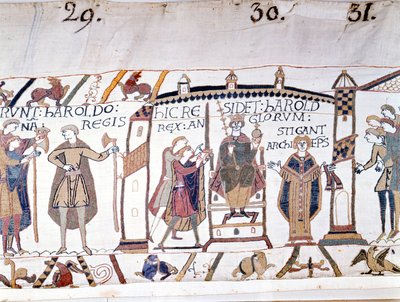 Harold II (1022 - 1066) został ogłoszony królem po śmierci Edwarda Wyznawcy w 1066, ale wkrótce zginął w bitwie pod Hastings. Gobelin z Bayeux lub Haft królowej Matyldy autorstwa Unknown artist