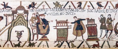 Harold składa świętą przysięgę Williamowi w Bayeux, Bayeux Tapestry (haft z wełny na płótnie) autorstwa Unknown artist