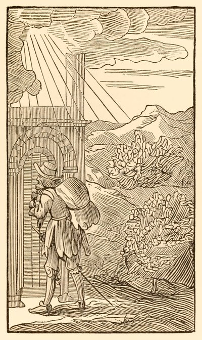 Ten, który wejdzie, musi najpierw bez Stania pukać do Bramy… z „Pielgrzymów Postępu z tego świata, do tego, który ma nadejść” Johna Bunyana (1628-1688) Pielgrzym dociera do wejścia do autorstwa Unknown