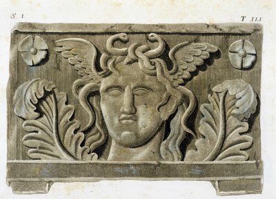 Głowa Meduzy, jedna z trzech Gorgone, kamienna płaskorzeźba - w „Monumenti Etruschi””. autorstwa Unknown artist