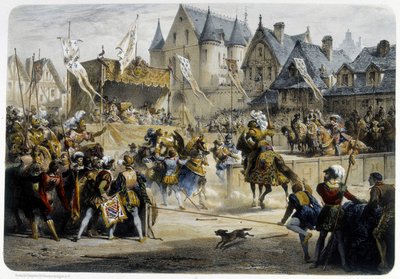Henri II (1519 - 1559) ranny śmiertelnie przez Montgomery podczas turnieju 29 czerwca 1559, rue St Antoine, przed Palais des Tournelles - litografia autorstwa Unknown artist