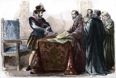 Henryk IV (1553-1610) podpisujący Edit of Nantes w dniu 13 kwietnia 1598 r. autorstwa Unknown artist