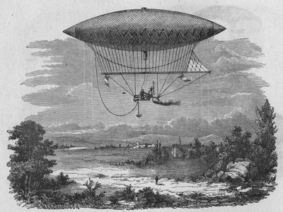 Henry Giffard testuje 44-metrowy aerostat parowy. W „Albumie nauki””, Editions Jouvet autorstwa Unknown artist