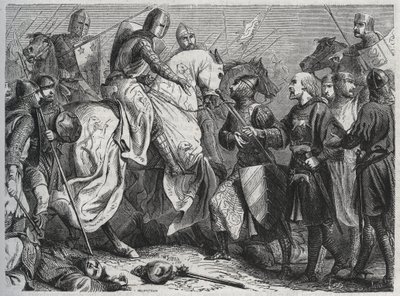 Henryk III (Henry III Plantagenet z Anglii) (1207-1272) zostaje schwytany przez Szymona V z Montfort (ok. 1208-1265) w Lewes w Sussex 1264 - grawerowanie 1864 autorstwa Unknown artist