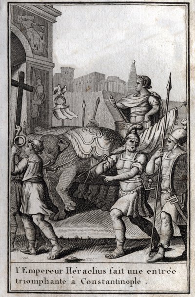 Herakliusz I (Flavius Heraklius, Herakleios (ok. 575-610/641), cesarz bizantyjski, triumfalnie wkroczył do Konstantynopola. Wspiął się na rydwan, do którego dosięgły cztery słonie i przyniósł zdobyty Krzyż Prawdziwy (Święty Krzyż). od autorstwa Unknown artist