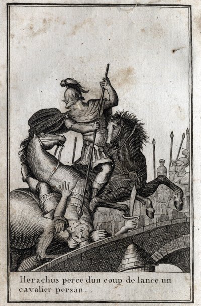 Herakliusz I (Flavius Heraklius, Herakleios (około 575-610/641), cesarz bizantyjski, włóczniczy jeźdźca perskiego (wojna z Persami), VII w. Grawer w „Beaute de l