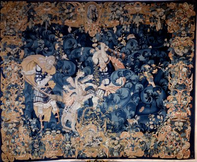 Herkules zestrzeliwujący Hydrę Lerny, która pali swojego sługę Iolausa Gobelin wełną i jedwabiem, anonimowy, koniec XVI wieku. Spójrz, Renesansowe Muzeum Narodowe. autorstwa Unknown artist