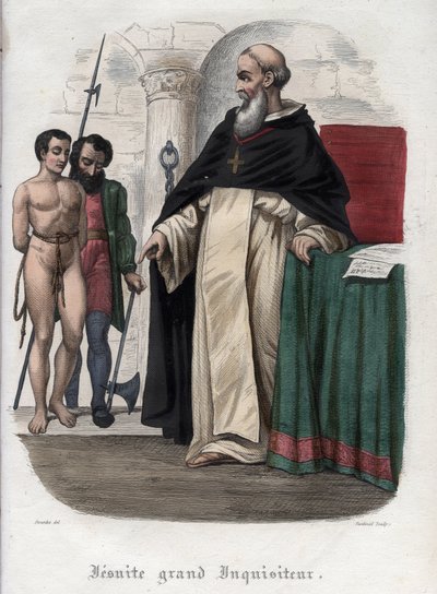 Więzień heretycki i wielki inkwizytor jezuitów za panowania papieża Klemensa VIII (1592-1605). Rycina z 1842 roku w „Histoire des Popes” Maurice
