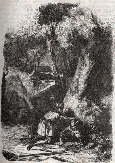 Hermonides przewrócony i uratowany przez Zerbina - 1851 rycina z „” Wściekły Roland”” (Orlando furioso) (XVI w.) Ludovico Ariosto, znanego jako Ariosta - Wydanie przetłumaczone z włoskiego przez hrabiego Tressan i opublikowane przez Gustave Harvard 1851 autorstwa Unknown artist