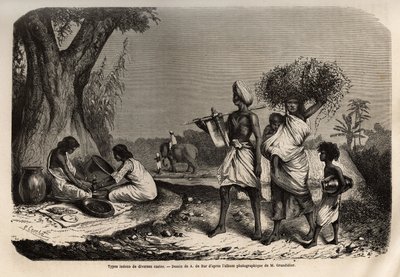 Hinduskie typy różnych kast, rodzina vaysias (handlarzy), u podnóża drzewa, dwie kobiety z kasty śudrów autorstwa Unknown artist