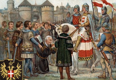 Historyczne epizody słynnych miast: Rudolf Habsburg (Rodolf I Świętego Cesarstwa 1218-1291) objął w posiadanie Wiedeń (1276). Rodolf I był królem Rzymian i przejmując w posiadanie miasto Wiedeń założył potęgę Habsburgów. Chromol autorstwa Unknown artist