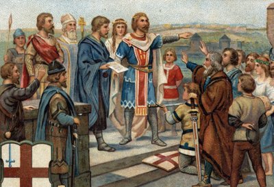 Historyczne epizody słynnych miast: Alfred Wielki (849-899) przywraca Londyn jego dawnym mieszkańcom (886), „Pokój Alfreda i Guthruma” oznaczał zwycięstwo Anglosasów nad Duńczykami (=Wikingami). Chromolitografia XIX wieku. autorstwa Unknown artist