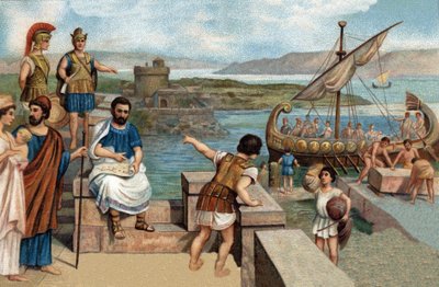 Epizody historyczne słynnych miast: Megarejczycy (lud Megar, greckie miasto Attyka) założyli Bizancjum (667 pne) na zachodnim brzegu Bosforu Cymeryjskiego, gdzie stała tracka forteca Byzas. Chromolitografia XIX wieku. autorstwa Unknown artist