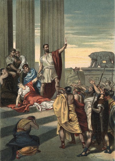 Historia starożytnego Rzymu: Lukrecja, Brutus i Collatinus. Lukrecja (Lukrecja, Lukrecja, Rzymianka) padła ofiarą przemocy ze strony kuzyna Sekstusa Tarkina, syna Tarkina Wspaniałego. Lucrece wysłała po ojca i męża (Collatinus) i przybyła z autorstwa Unknown artist
