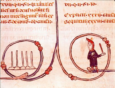 Historia prawa kanonicznego: „”Gra w kręgle”””Miniatura zaczerpnięta z „”Dekret de Gratien””(„Concordia discordantium canonum” lub „Decretum Gratiani”) z 1140 r. regulująca prawa i kanony Kościoła rzymskokatolickiego . Laon z XIII wieku, autorstwa Unknown artist