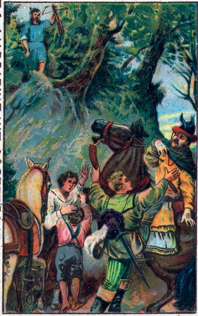 Historia Guillaume Tell (William Tell) (legendarni bohaterowie niepodległości Szwajcarii): śmierć Gesslera. Chromolitografia z końca XIX wieku. autorstwa Unknown artist