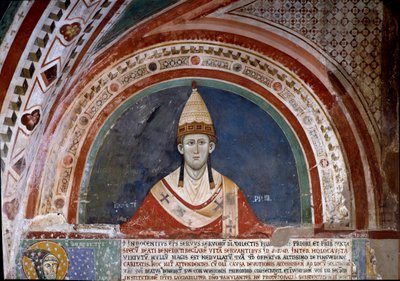 Historia św. Franciszka z Asyżu: przedstawienie papieża Innocenza III, ukazujące bańkę potwierdzającą panowanie franciszkańskie w 1210 r. (fresk) autorstwa Unknown artist