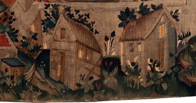 Historia św. Piata i św. Eleutery, Scena 7 Chrześcijanie zesłańców, Szczegół dół. Dwa domy. autorstwa Unknown artist