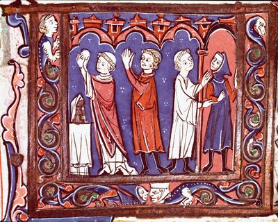 Historia prawa kanonicznego: „”Scena komunii (po lewej) i ekskomuniki (po prawej)”” Miniatura zaczerpnięta z „”Decretales”” Giovanniego d