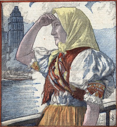 Historia imigracji w Ameryce: młoda imigrantka przybyła na Ellis Island, patrząc na Nowy Jork w oddali Ilustracja z "Le Pelerin" z 15 kwietnia 1934 r. Kolekcja prywatna autorstwa Unknown Artist