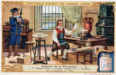 Historia porcelany: Johann Friedrich Bottger (Bottcher lub Bottiger) (1682-1719) znajduje prawdziwą metodę wytwarzania porcelany w 1709 r. - Chromolitografia Liebiga autorstwa Unknown artist