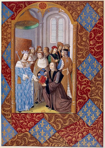 Historia druku: wydawca Antoine Verard (?-1513) przedstawia swoją książkę królowi Karolowi VIII. Z rękopisu z 1494 autorstwa Unknown artist