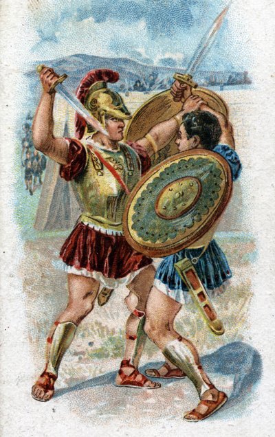 Historia życia Achillesa, legendarnych bohaterów wojny trojańskiej: Achilles walczący z Hektorem, by pomścić śmierć Patroklesa. Chromolitografia z 1890 roku. autorstwa Unknown artist