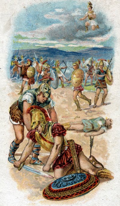 Historia życia Achillesa, legendarnych bohaterów wojny trojańskiej: śmierć Achillesa, u stóp murów Troi, pięta, jego słaby punkt, przebija strzałę ciągniętą przez Paryż. Chromolitografia z 1890 roku. autorstwa Unknown artist