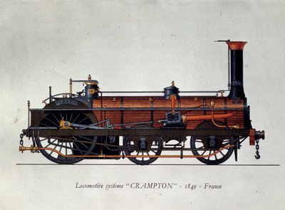 Historia transportu: model lokomotywy, system Crampton nazwany na cześć Thomasa Russella Cramptona (1816-1888), brytyjski inżynier: stworzył lokomotywę dużych prędkości. Grawerowanie od 1849 Paryż, Sztuka dekoracyjna autorstwa Unknown artist