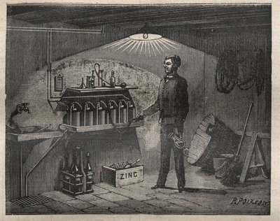 Home Electricite: Instalacja baterii wynalezionej przez Radigueta w piwnicy - Grawerowanie w „La Science francaise” autorstwa Unknown artist