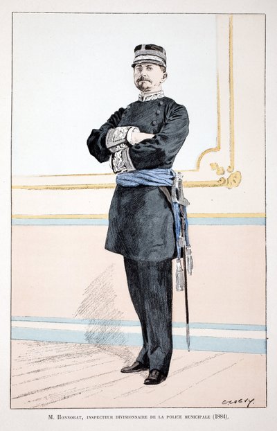 Honorat, inspektor wydziałowy Straży Miejskiej (1884). Akwaforta w kolorach, dla ilustracji „Historia Korpusu Strażników Pokoju””” wydana pod patronatem Louisa Lepine