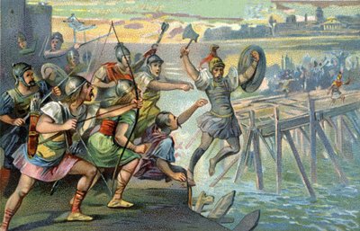 Horatius Cocles (Horatius Le Borgne), legendarni bohaterowie broniący jedynego mostu na Tybrze, podczas gdy młodej Republice Rzymskiej zagrażał etruski Lars Porsenna, 507 pne. autorstwa Unknown artist