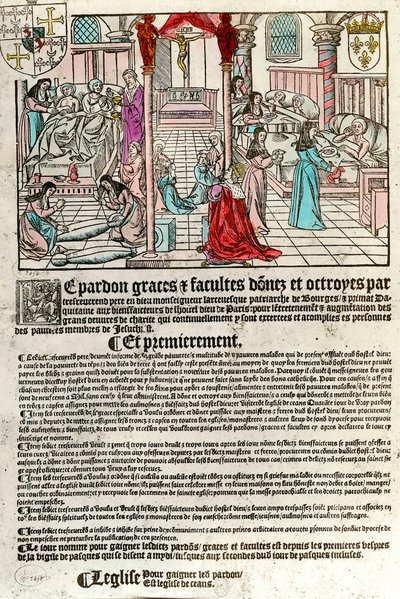 Szpital w XVI wieku: List odpustowy (z prawej: scena szpitalna. Agauche: konający i martwi). Rycina z XVI wieku. Prywatna kolekcja. autorstwa Unknown artist