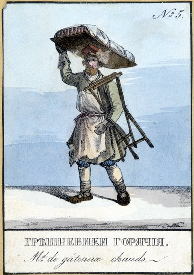 Sprzedawca gorących ciastek w Rosji w XIX wieku. Ilustracja z XIX wieku. autorstwa Unknown artist
