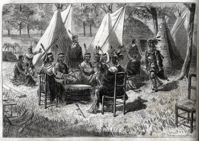 Ludzkie ogrody zoologiczne - Ludzkie zoo - Wystawy etnologiczne - Indianie Mohas w Ogrodzie Aklimatyzacji (The Illustrious Diary of 1883) - Piętnastu Indian z Nebraski autorstwa Unknown artist