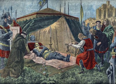 Wojna stuletnia: "La mort de Bernard du Guesclin (1320-1380) devant Chateauneuf de Randon le 13/07/1380" - Śmierć Duguesclina (podczas oblężenia Chateauneuf-de-Randon 13 lipca 1380) - Ilustracja z "Le pelerin" z 7 sierpnia 1921 Prywatny autorstwa Unknown Artist