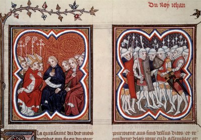 Wojna stuletnia: „Po lewej stronie przyszłego delfina Karola V Mądrego (1338-1380) (w tym czasie regenta) i radnych Stanów Generalnych zarządzili wyzwolenie swojego ojca Jana II po bitwie pod Poitiers w 1356 roku, był otoczony przez Etien autorstwa Unknown artist