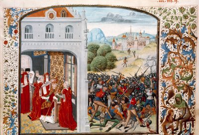 Wojna stuletnia: „” Papież Gregoire XI (1329-1378) koronował Awinion w 1370 r. Bitwa pod Pontvallain między Francuzami i Anglikami w dniu 4/12/1370”” Miniatura z „Kronik” Jeana Froissarta (1337-1400) Paryż z XV wieku. B.N. autorstwa Unknown artist