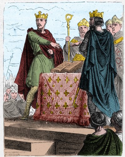 Wojna stuletnia: Traktuje Bretynię 8 maja 1360 r. na zamku Bretigny (niedaleko Chartres), między pełnomocnikami króla Anglii Edwarda III i Karola, syna króla Francji Jana II. autorstwa Unknown artist