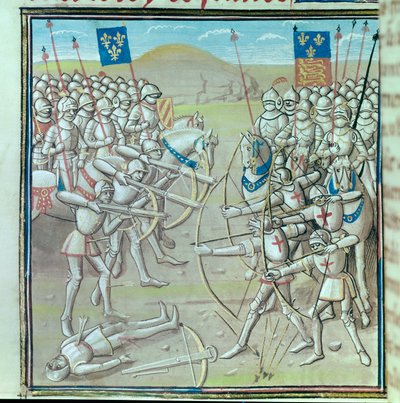 Wojna stuletnia: bitwa pod Crecy 26.08.1346 pomiędzy Francuzami i Anglikami. Miniatura z XIV-wiecznego rękopisu Paryż, Bibliotheque de l