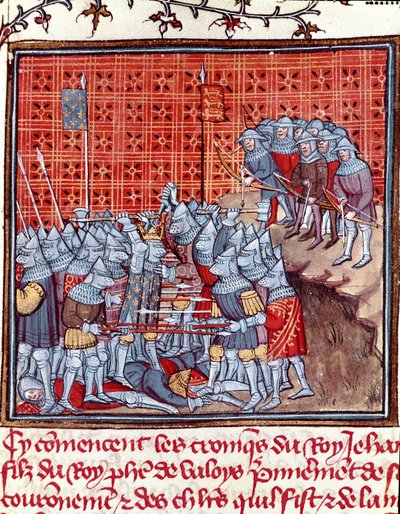 Wojna stuletnia: „”Król Francji Jan II Dobry (1319-1364) podczas bitwy”””Miniatura zaczerpnięta z „”Les grandes Chronicles de France””Jean Froissart (1337-1400) XIV wiek Chantilly , Muzeum Conde autorstwa Unknown artist