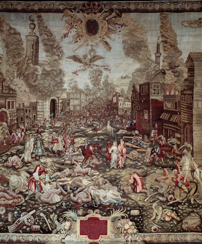 Podbój Węgier: „”Austriacy odbierają Budę Turkom Osmańskim w dniu 02/09/1686”” Buda jest częścią dzisiejszego Budapesztu. Watażkami są Karol V z Lotaryngii i Miksa Emanuel II. Sceny przemocy, pożary domów. Szczegół gobelinu. XVII w autorstwa Unknown artist