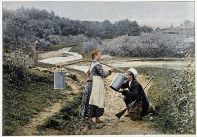 Myśliwy i dziewczyna przy fontannie (Rosja) - fotografia, koniec XIX wieku autorstwa Unknown artist