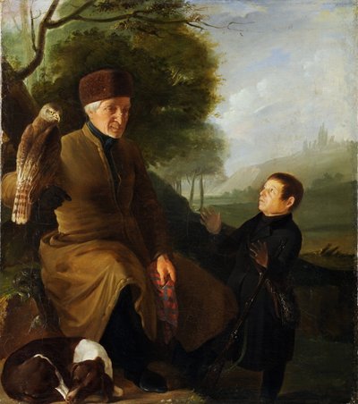 Myśliwy z sokołem. Portret księcia Płatona Aleksandrowicza Zubowa (1767-1822) i Iwana Andriejewicza Jakubowskiego (1770-1864), Anonim. Olej na płótnie, koniec lat 1810, Państwowe Muzeum Architektury, Historii i Sztuki, Vladimir autorstwa Unknown artist