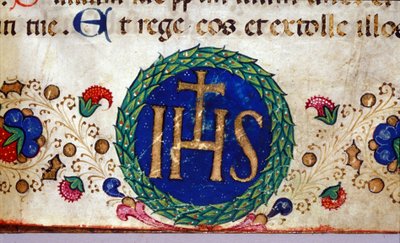 Chrześcijański symbol IHS, którego znaczeniem jest Jezus. Rękopis z XV wieku. autorstwa Unknown artist