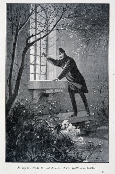Poszedłem wczoraj wieczorem i podrapałem okno, ilustrację w „The Premiers Exploits of Sherlock Holmes” Conana Doyle